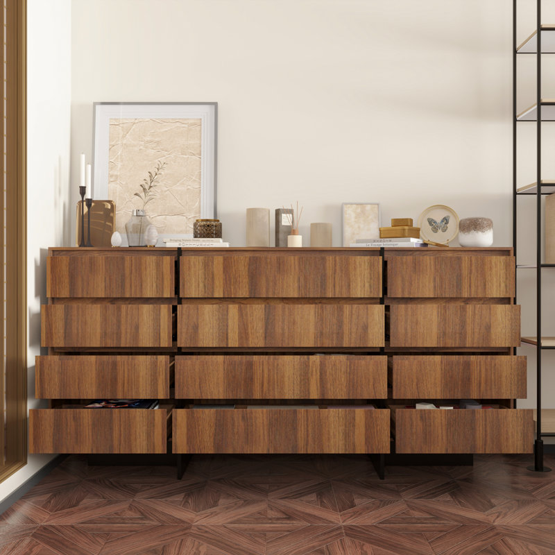 Mid Century Modern 12 Drawer Dresser With Wooden Base Spacious Storage Cabinet For Bedroom And Living Room Organization